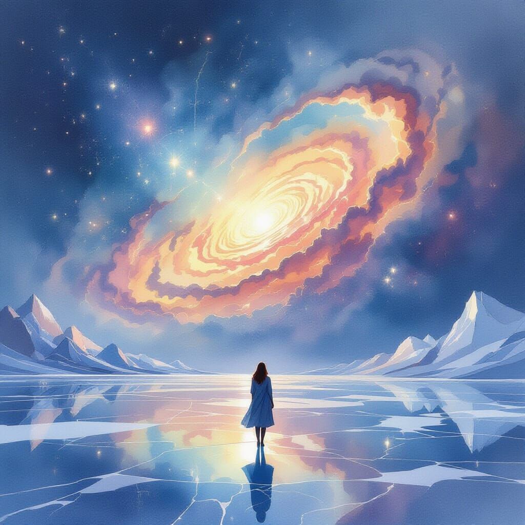 Woman Gazes at Nebula on Crystalline Planet in Watercolor St...