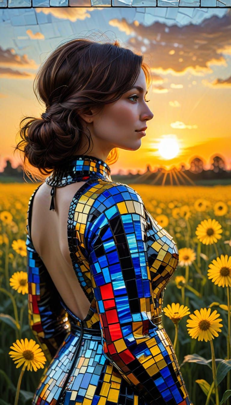 Micromosaic Lady with Afro-Victorian Silhouette in Sunset Gl...