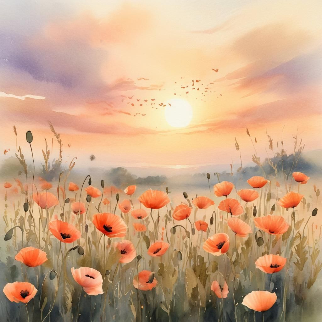 Poppies Silhouetted at Sunset: Ethereal Watercolor Painting