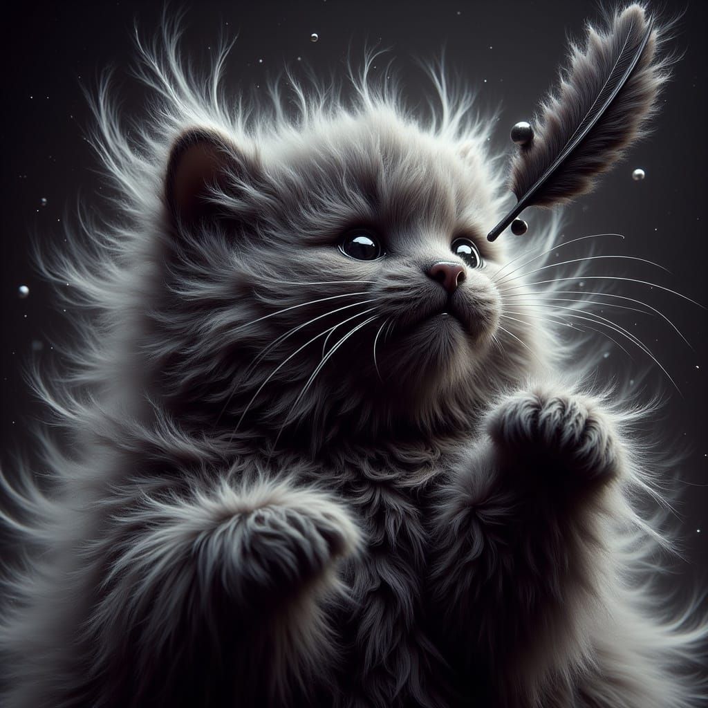 Fluffy Kitten Playfully Batting at a Feather