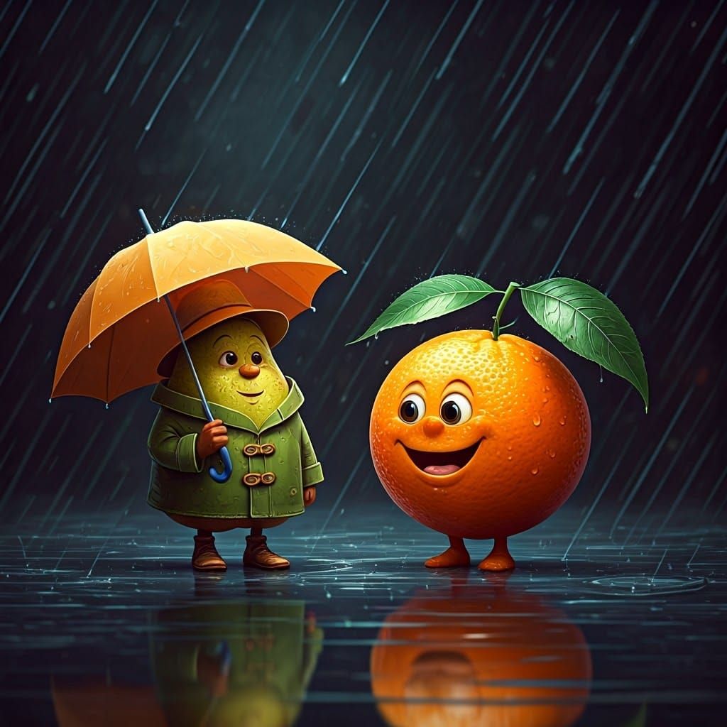 Anthropomorphic Pear in Rainy Landscape