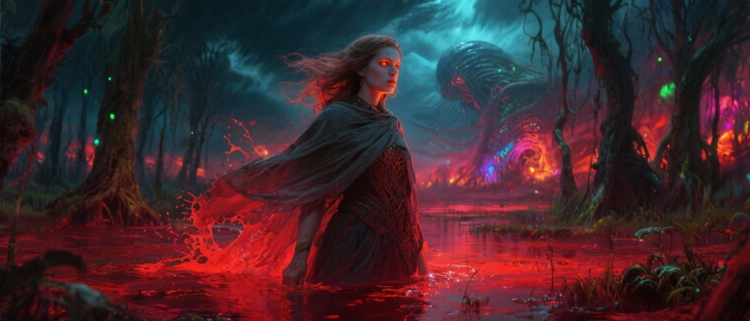 Scarlet Swamp Woman with Dawn Eyes in Dark Fantasy Style