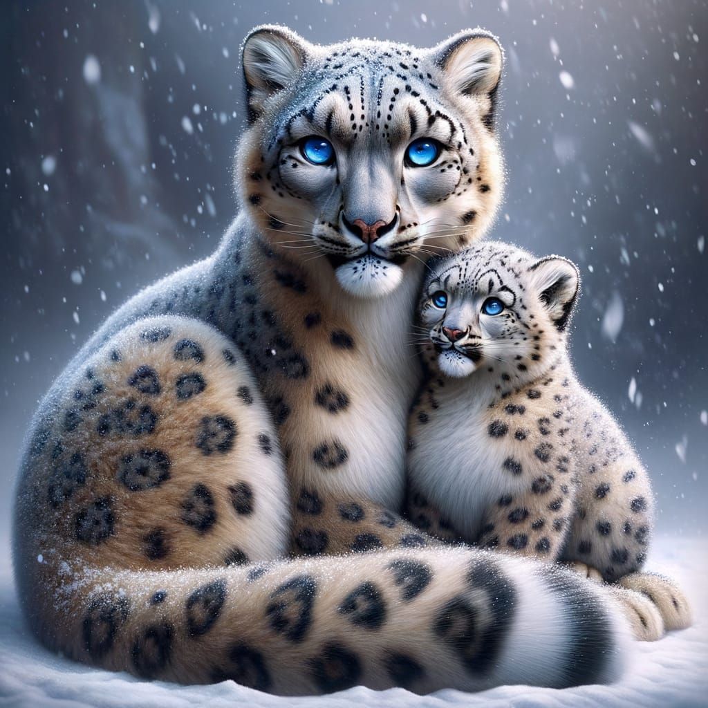 Snow Leopards: A Maternal Bond in Winter
