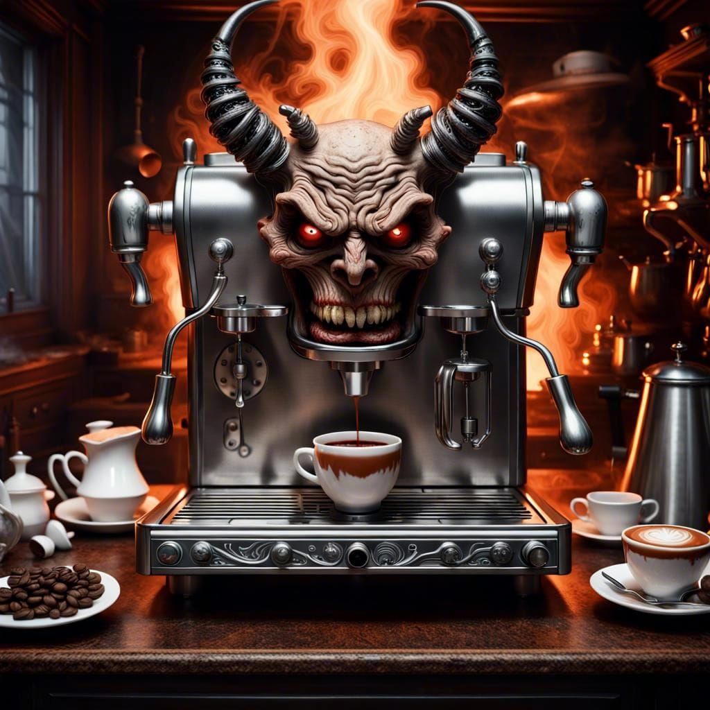 Demonic Espresso Machine in Horror Style