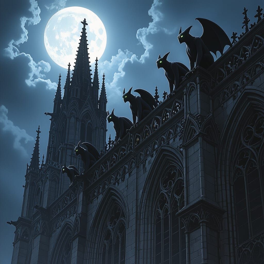 Gothic Cathedral with Gargoyles in Moonlight