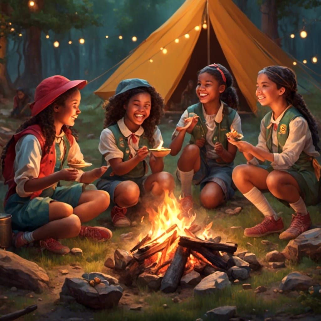 Girl Scouts Campfire Scene in Hyperreal Detail