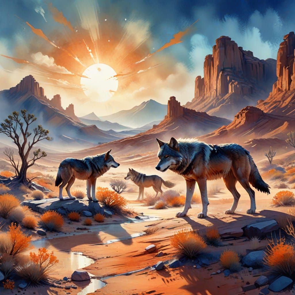 Wolves in Desert Landscape Watercolor Painting
