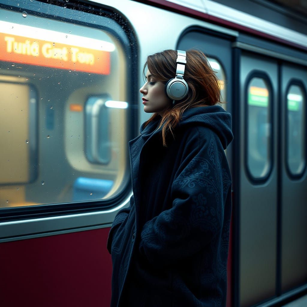 Subway Serenity: A Contemplative Woman in Deep Blues and Pur...