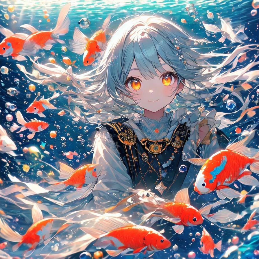 Anime Woman with Koi Fish in Colorful Underwater Scene