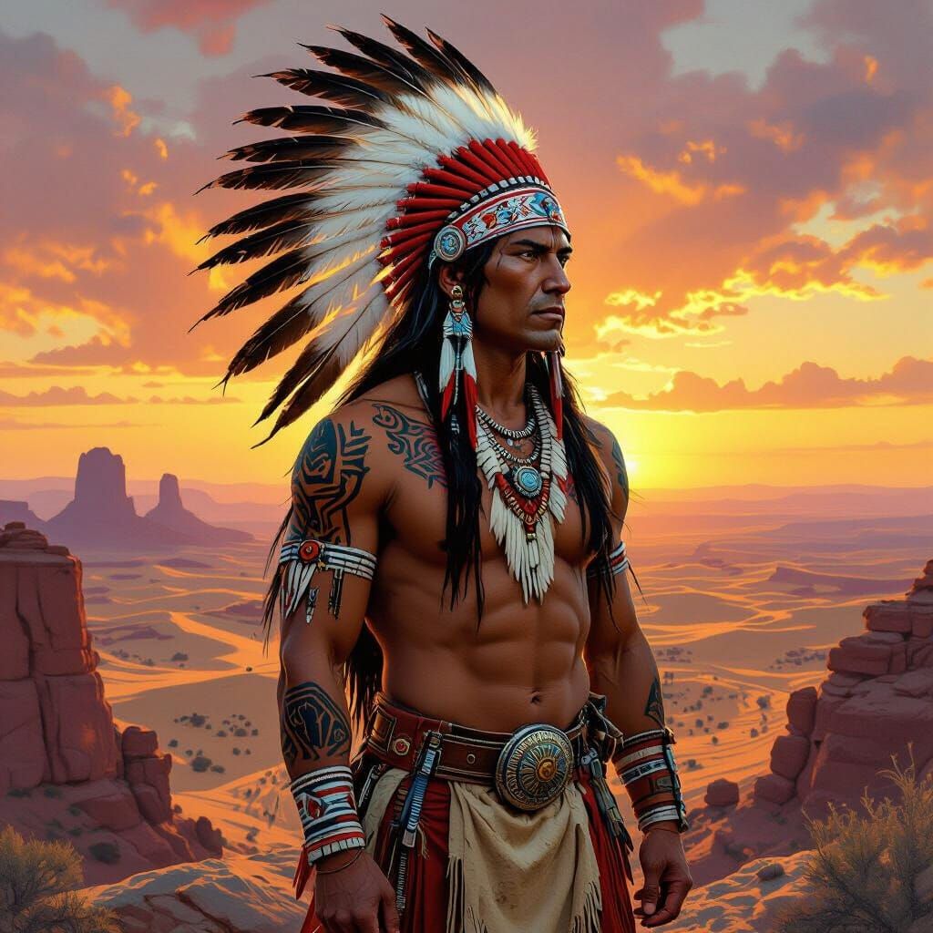 Native American Warrior at Sunset in Fantasy Art Style