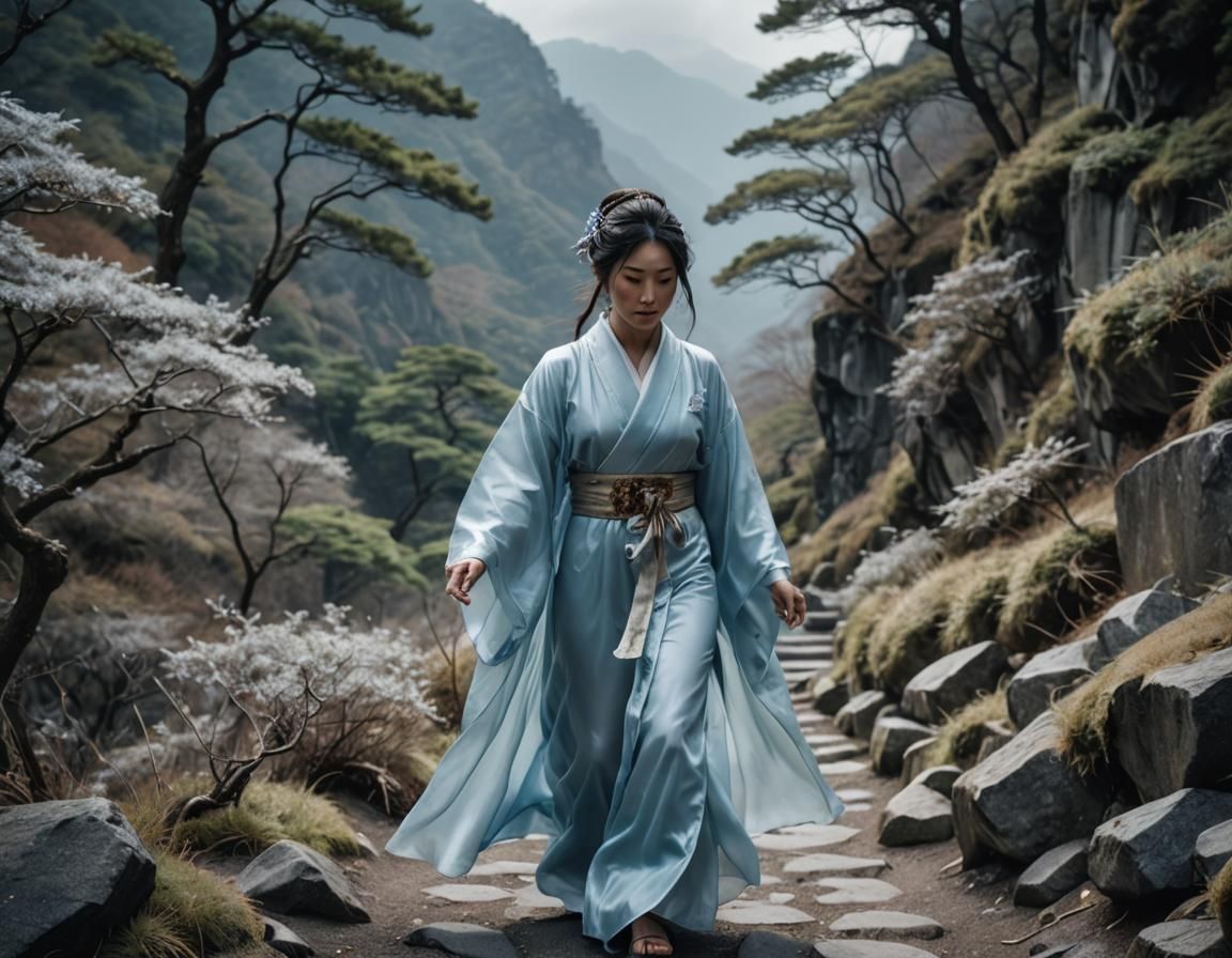 Japanese priestess, walking on a mountain path