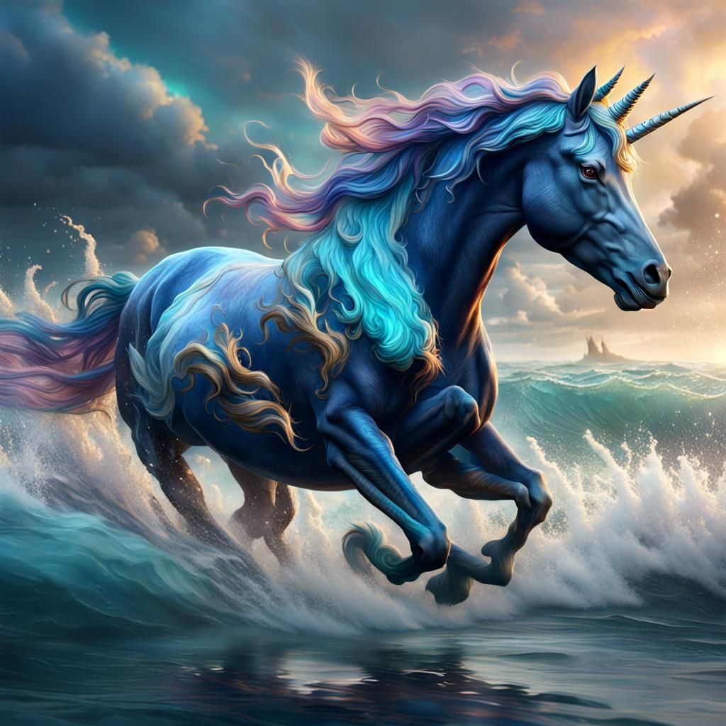 Fantastical Unicorn Running on Ocean Art