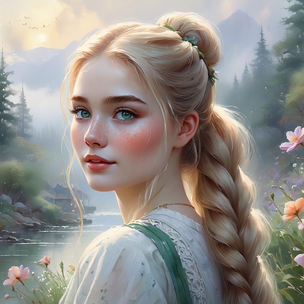 Pretty Woman with Freckles in Misty Sunrise