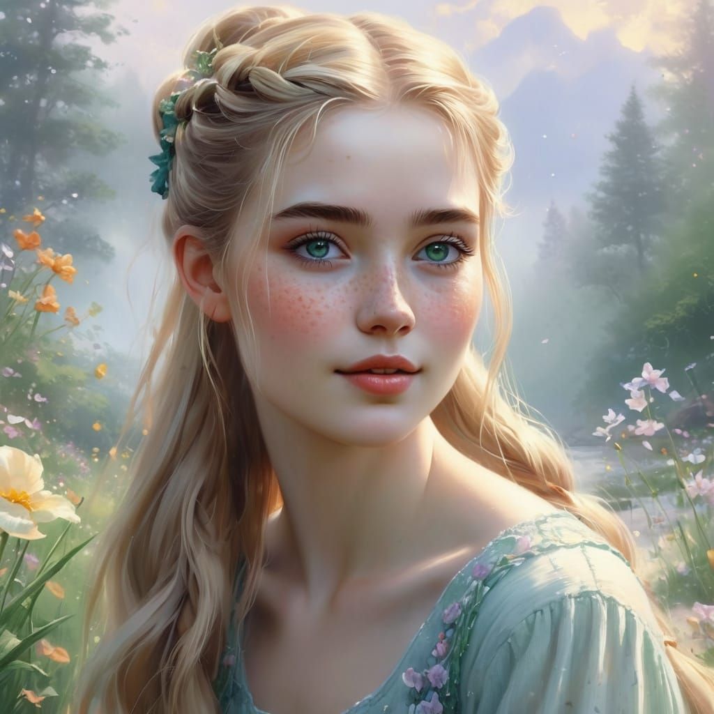 Pretty Woman with Freckles and Blonde Hair in Misty Sunrise