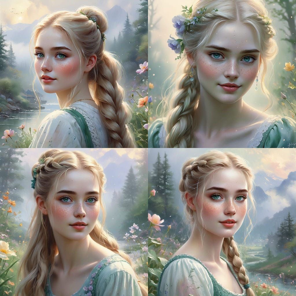 Pretty Woman with Freckles in Misty Sunrise