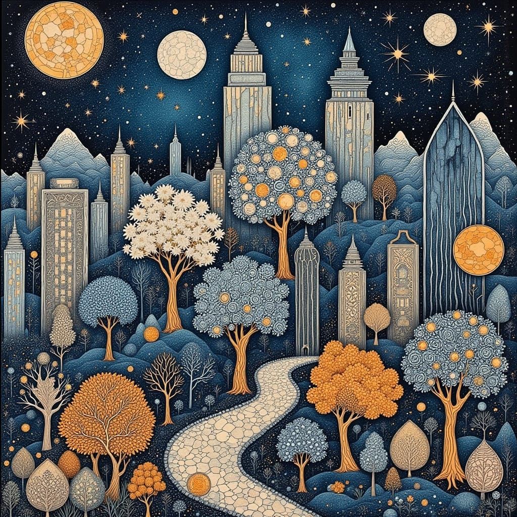 Whimsical Skyscrapers in Mixed Media Collage Style