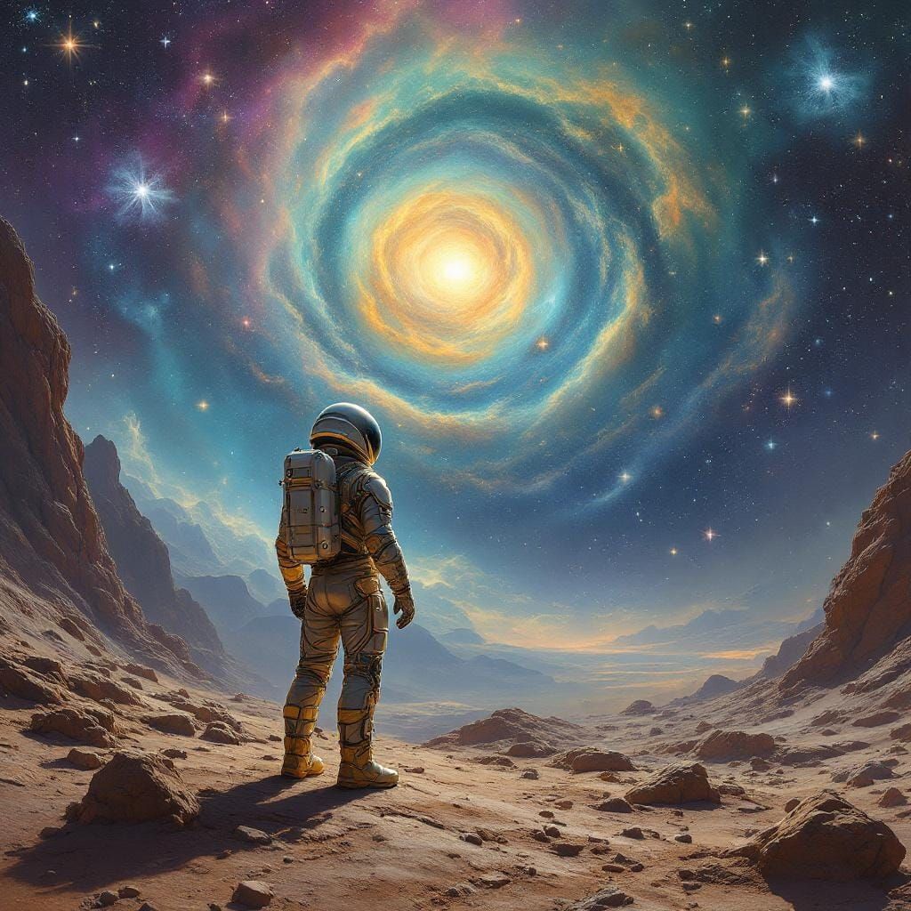 Astronaut on Alien Planet Gazing at Nebula