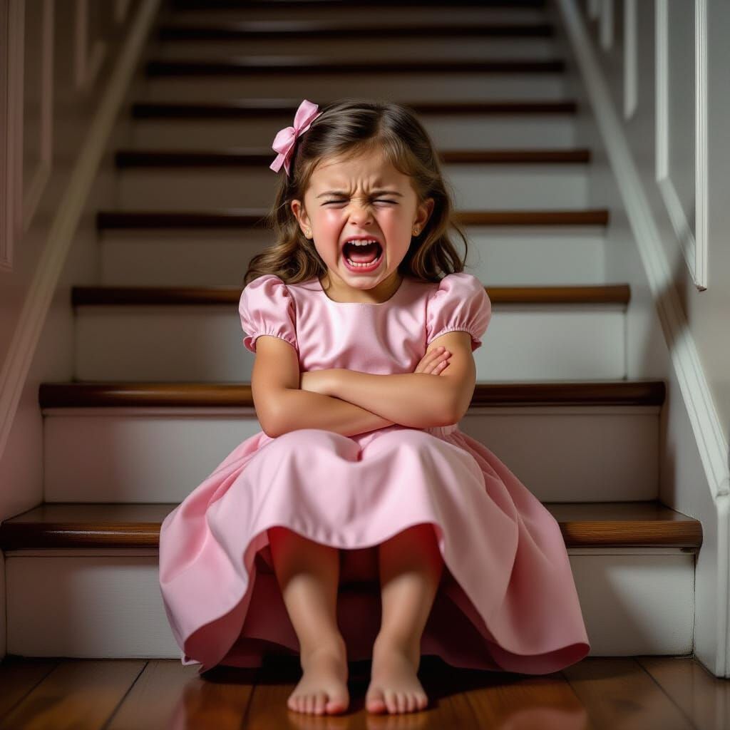 Girl's Tantrum on Stairs in Hyperrealistic Style