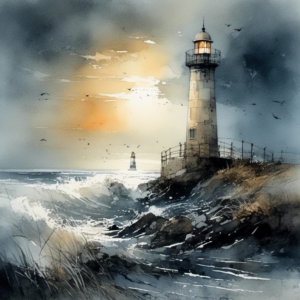 Stormy Night Lighthouse in Watercolor Style
