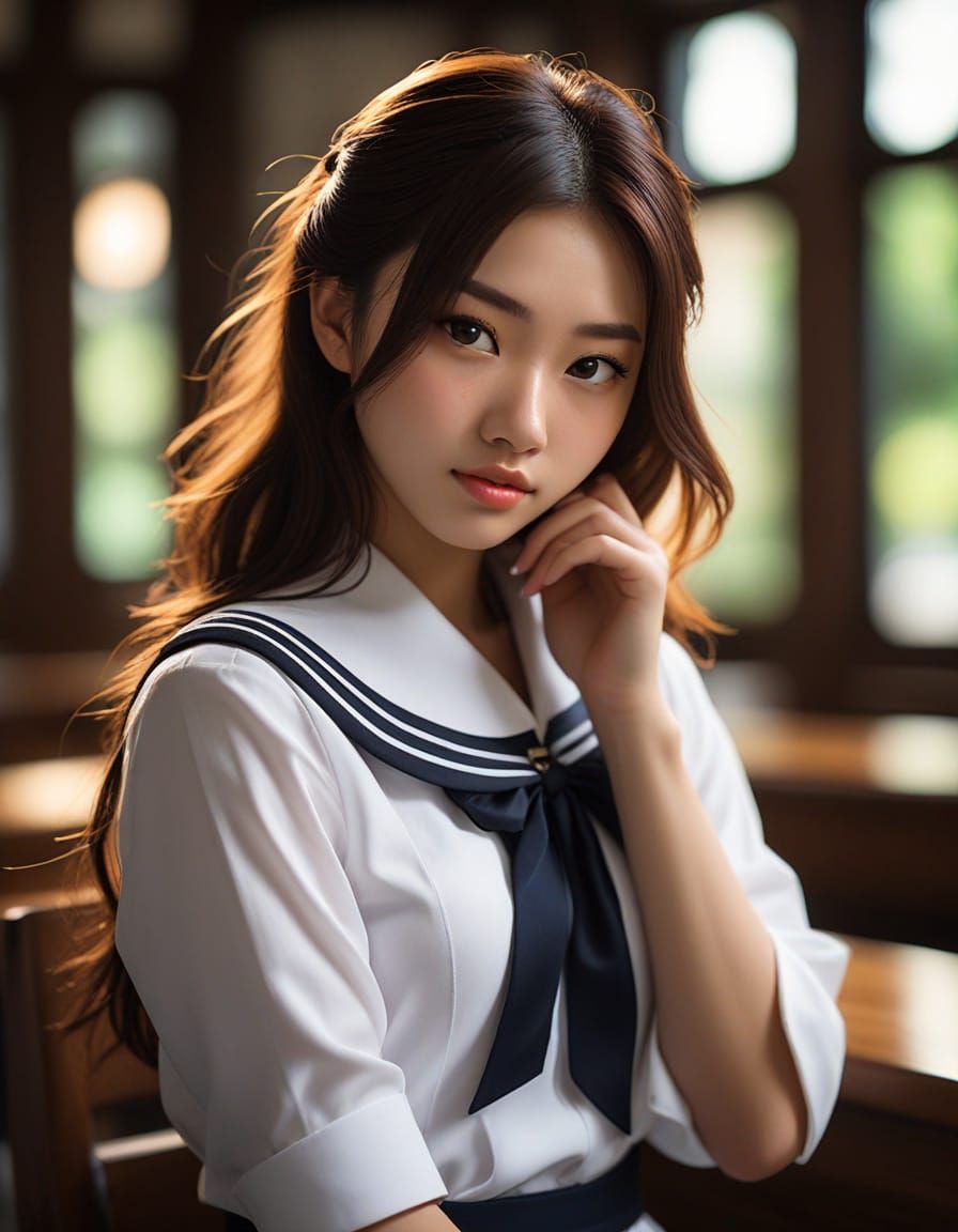 Stunning High School Girl in Sailor Uniform, Photorealistic