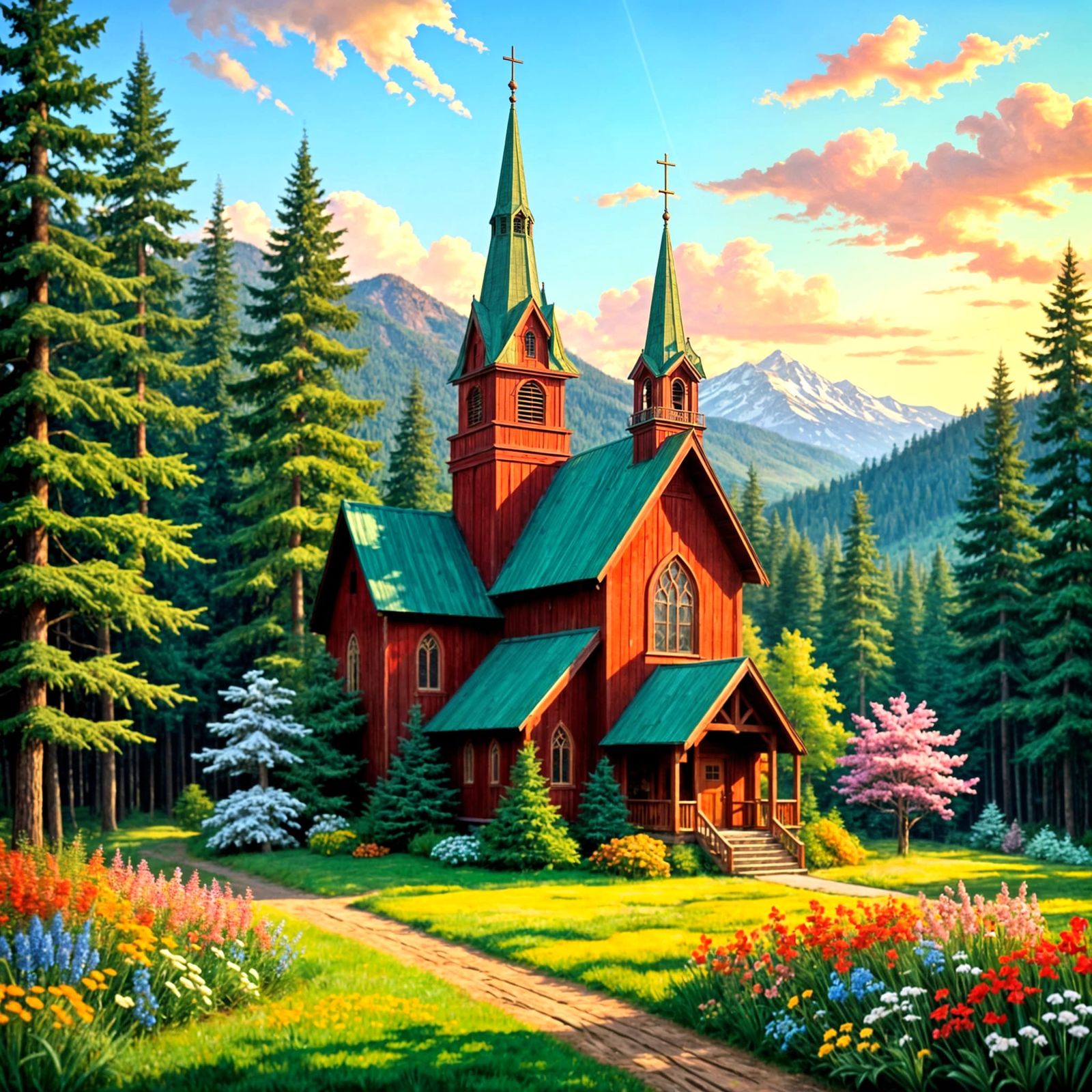 Idyllic Church Scene in Vibrant Acrylic Colors