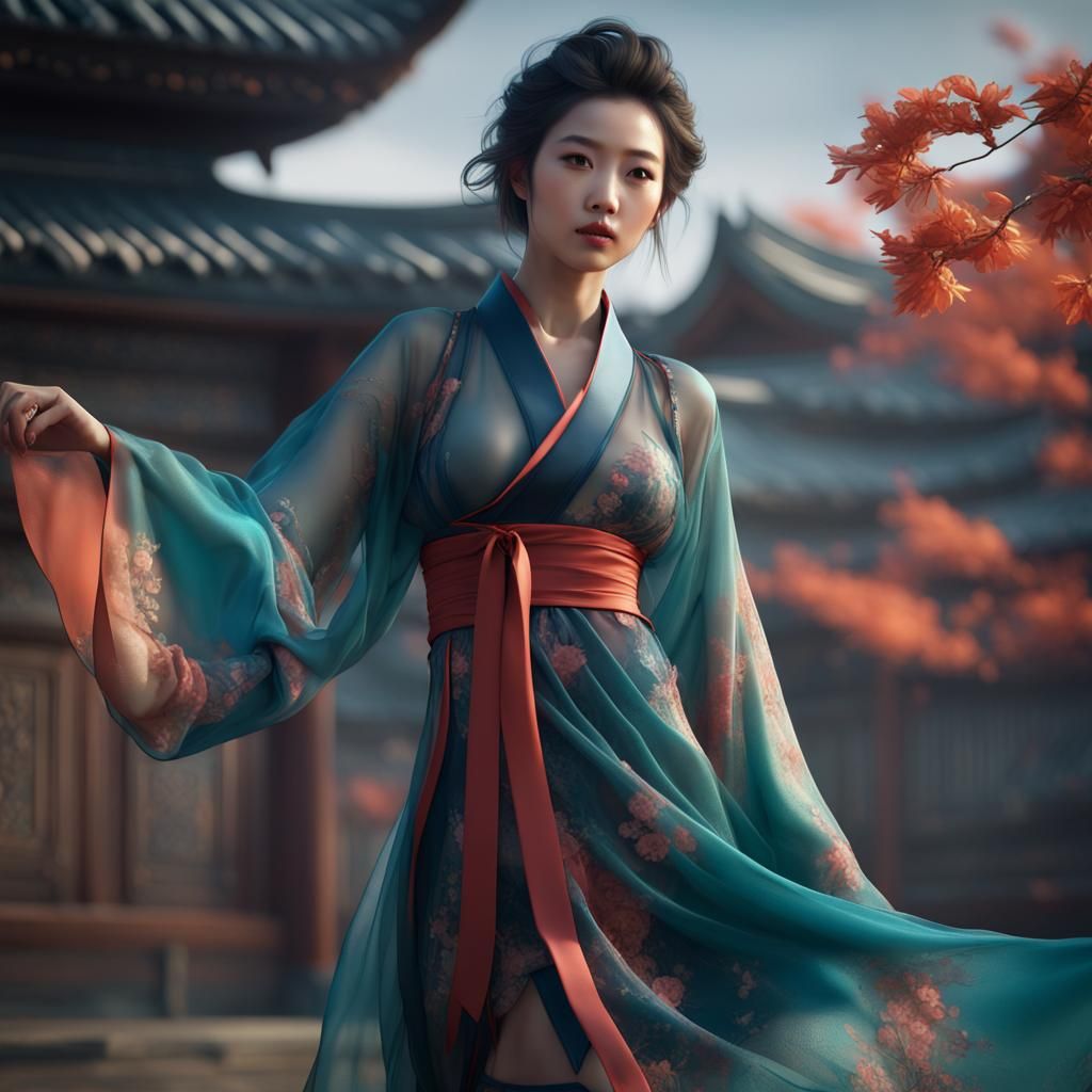 Korean Woman in Silk Robe in the Wind