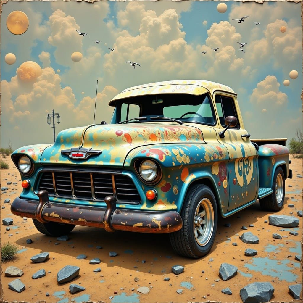 Cyberpunk 1955 Chevy Truck in a Dreamlike Biopunk Landscape