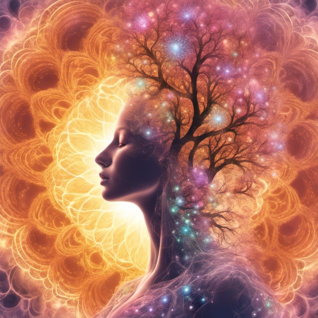 Pregnant Goddess with Fractal Tree in Watercolor