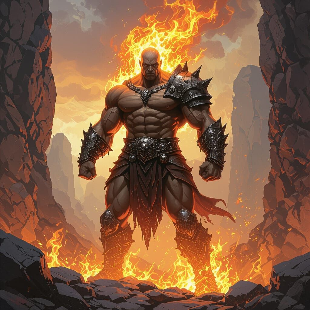 Fiery Man with Rock Armor in Epic Concept Art Style