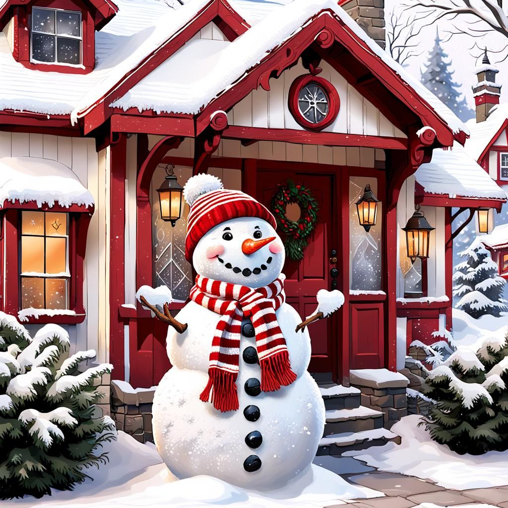 Whimsical Winter Wonderland Snowman in Folk-Art Style