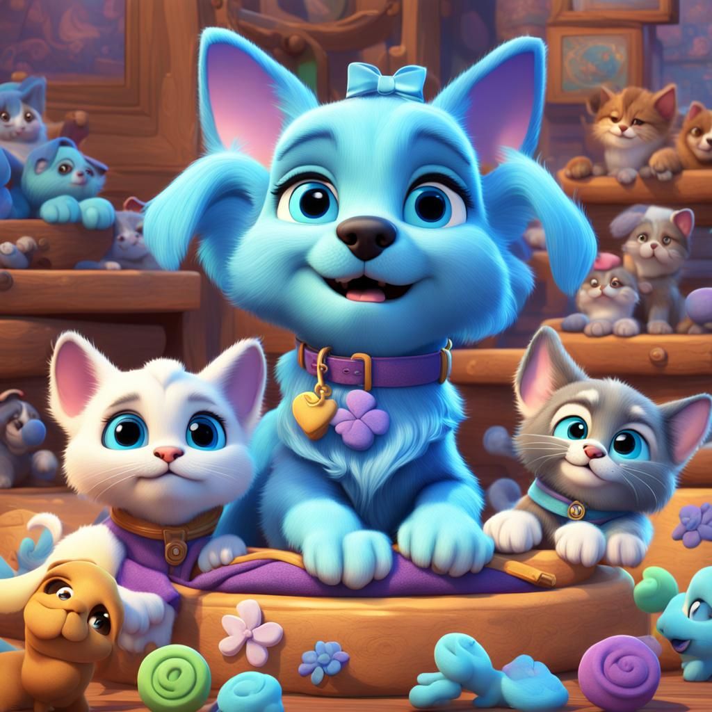 Trixie Patchwork with Kittens and Puppies: 3D Digital Art