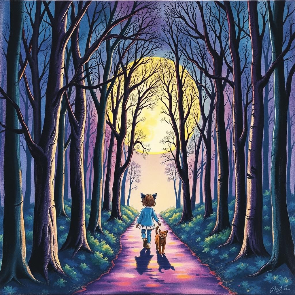Moonlit Forest Path with Girl and Cats, Post-Impressionism