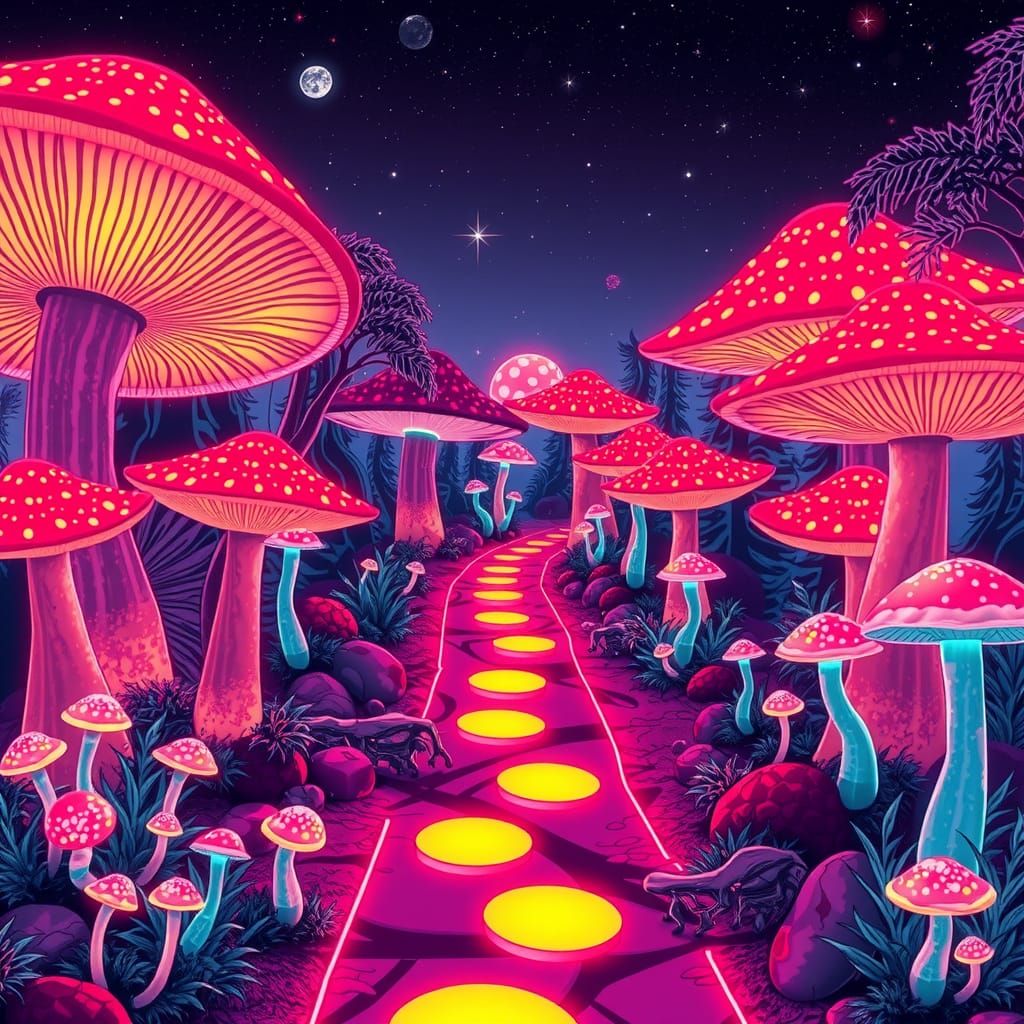 Bioluminescent Mushroom Forest in Cyberpunk Style