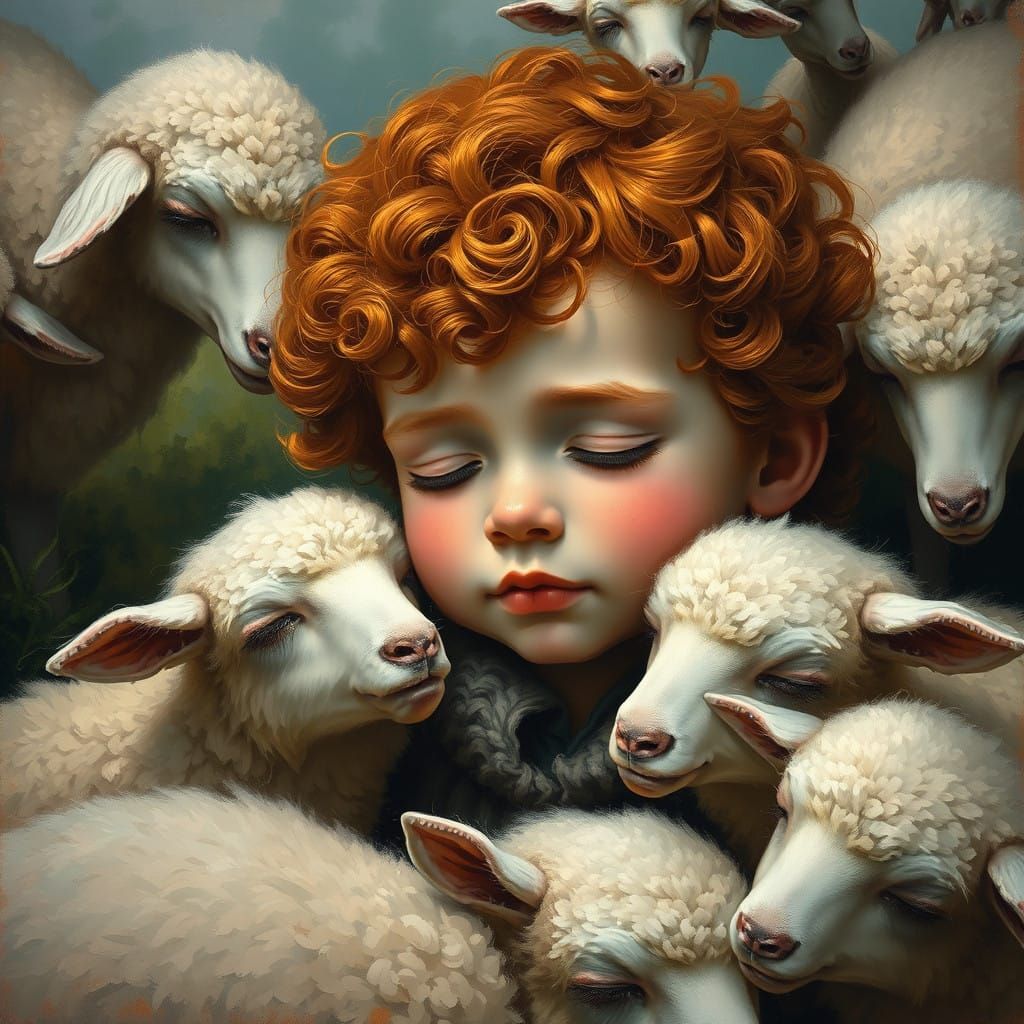 Whimsical Dreamlike Scene of a Sleepy Boy with Sheep