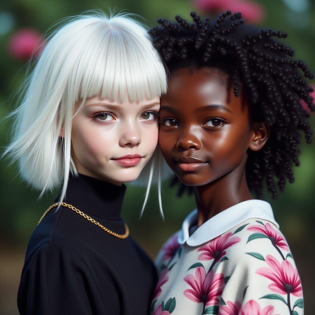 Albino Girl and Black Girl: Photorealistic Portrait