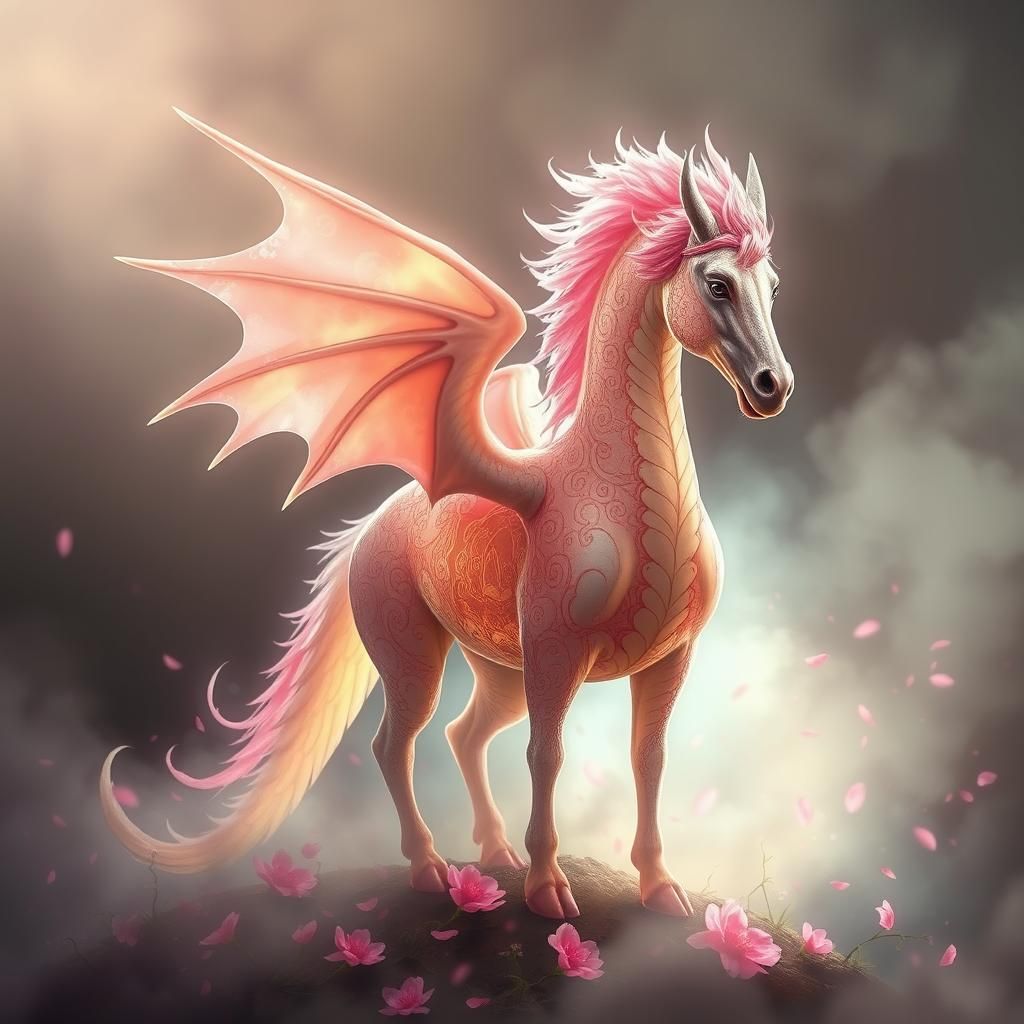 Ethereal Dragon Horse in Sakura Petal Mist