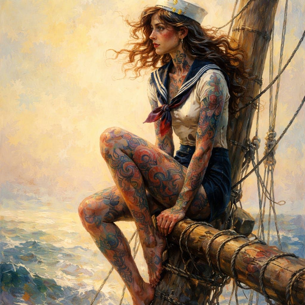 Sailor Woman with Octopus Tattoo on Ship Mast in Oil Paintin...
