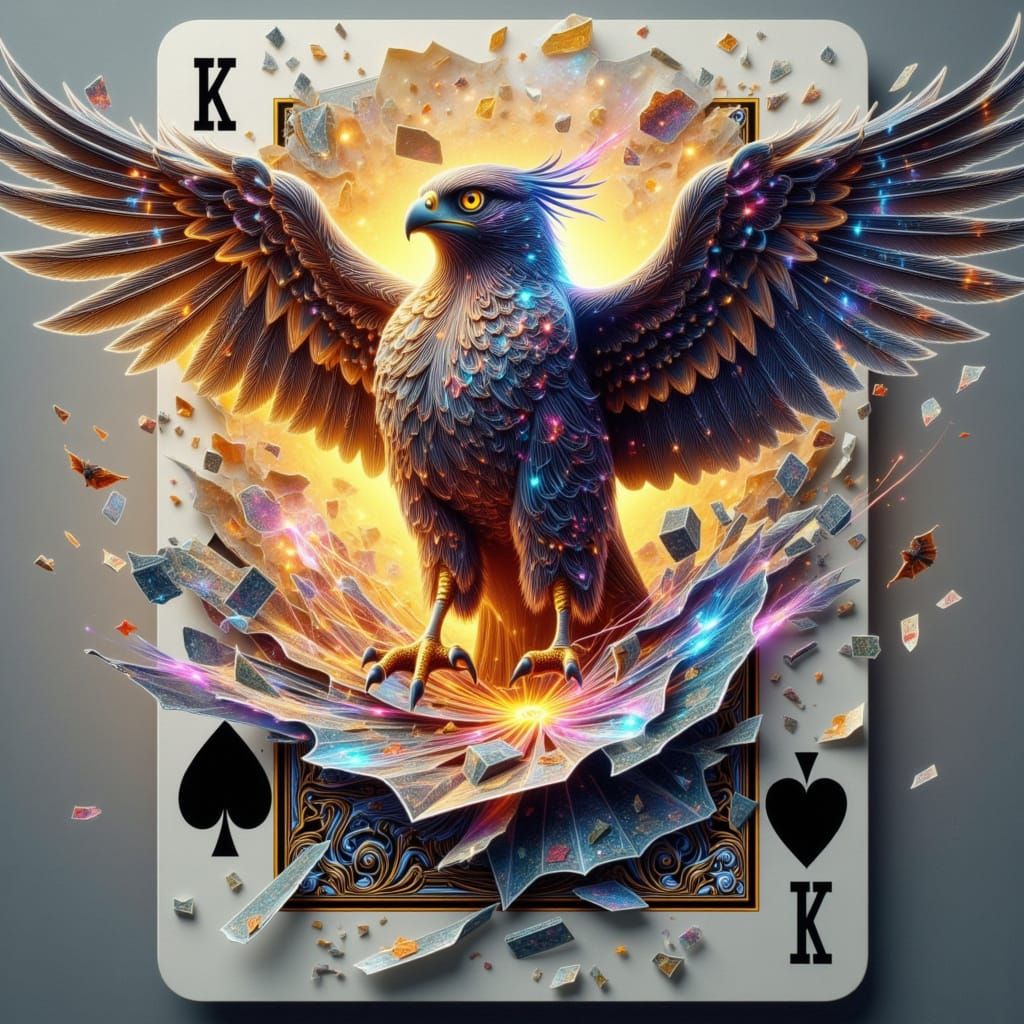 Futuristic Falcon Emerges from Tattered Playing Card