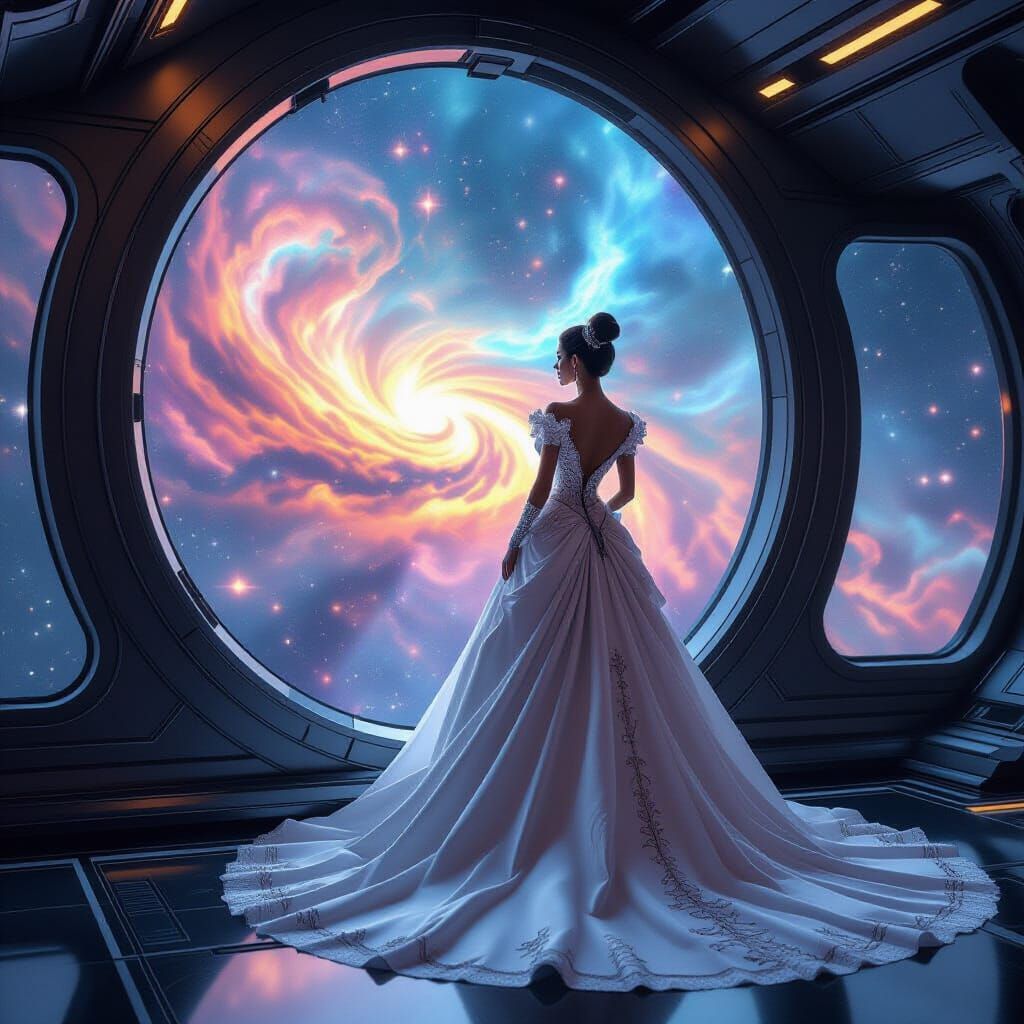 Futuristic Queen in Baroque Gown Gazing at Nebula
