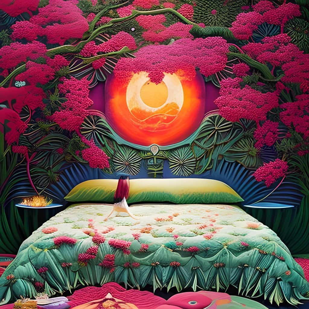 Celestial Woman in Surreal Flower Bed, Detailed Fairytale Ar...