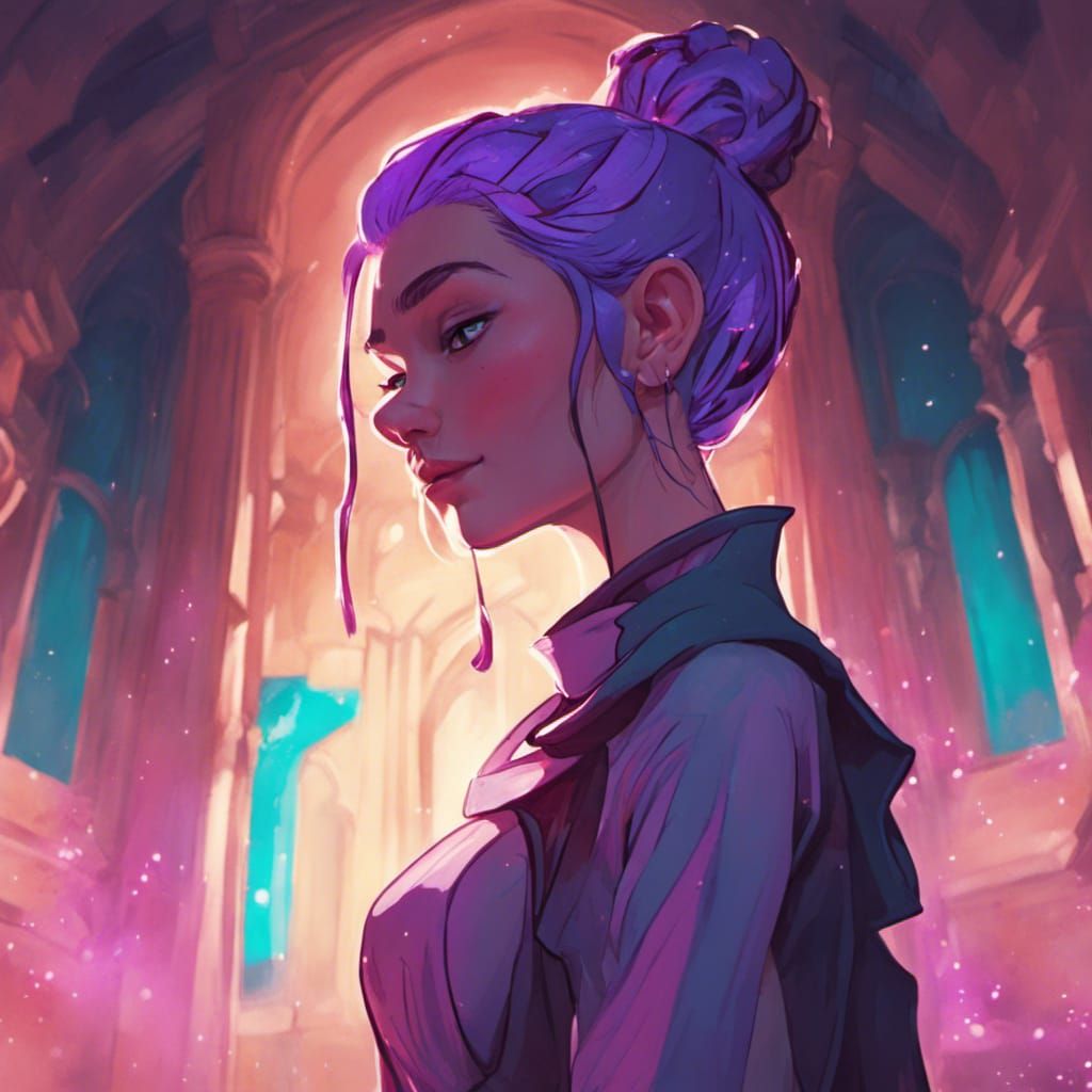 Priestess with Violet Hair in Castle Interior