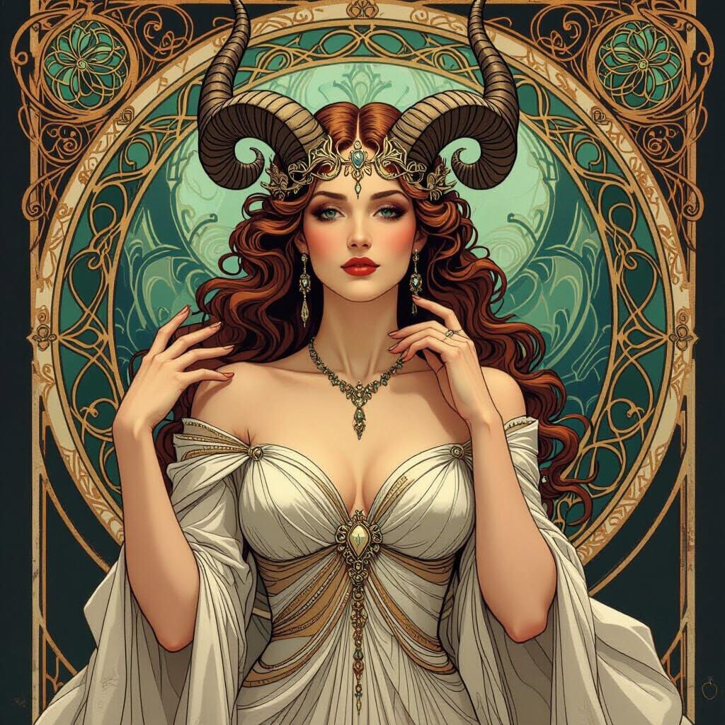 Regal Horned Woman in Art Nouveau Style
