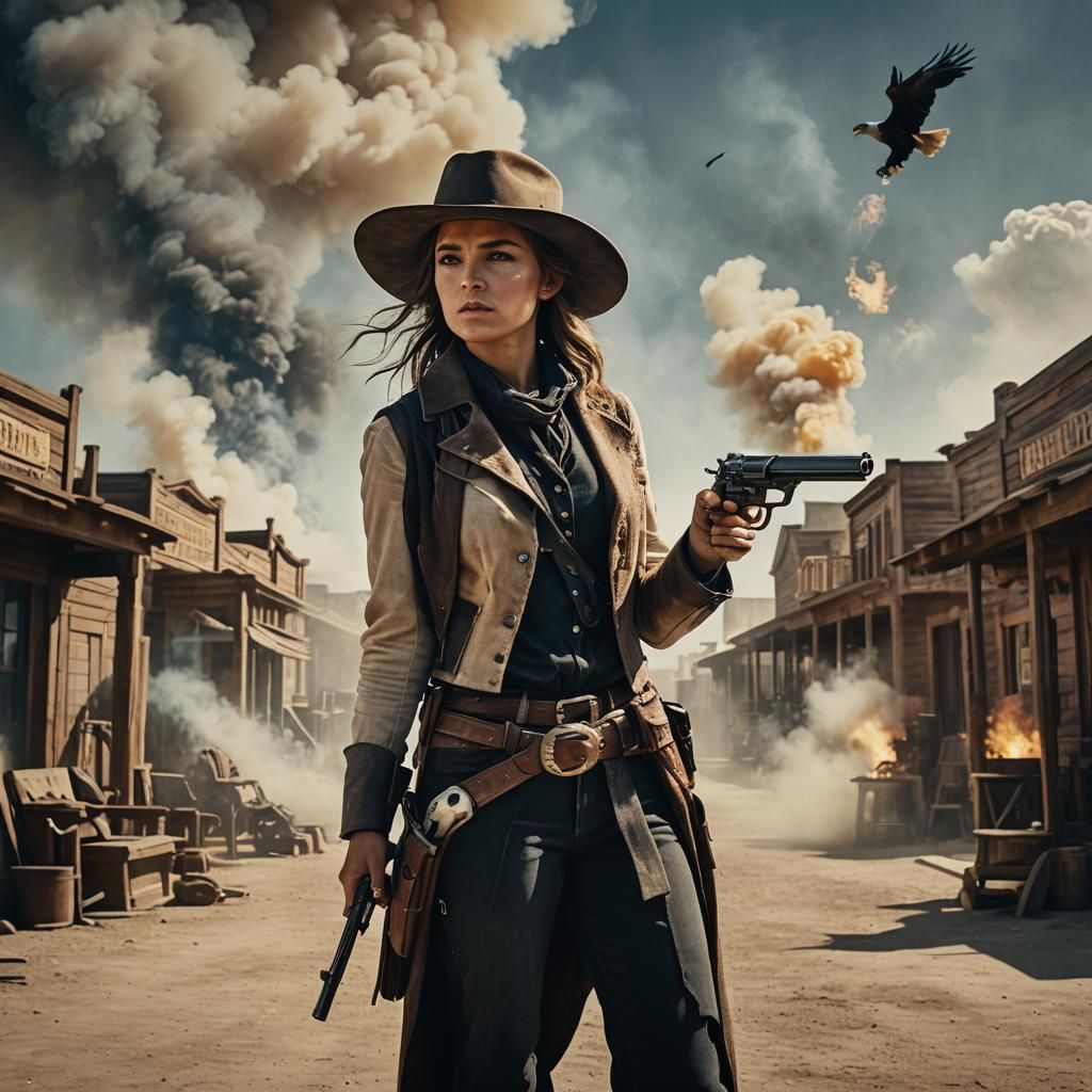 Female Gunslinger Duel in Wild West Town