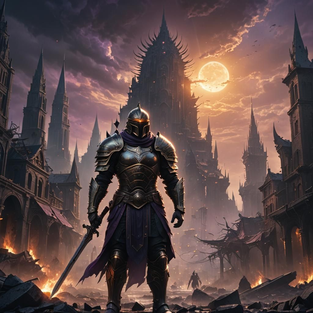 Warrior Under Dark Sun in Ruined Cityscape