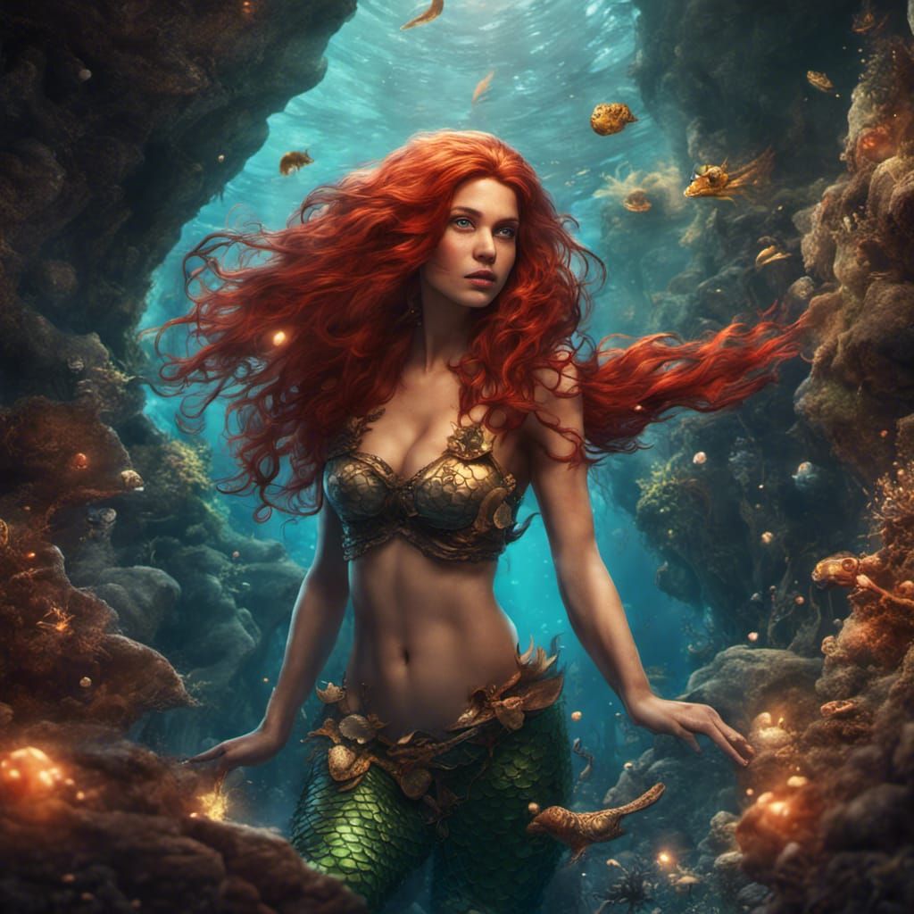 Red-Haired Mermaid in Treasure Cave
