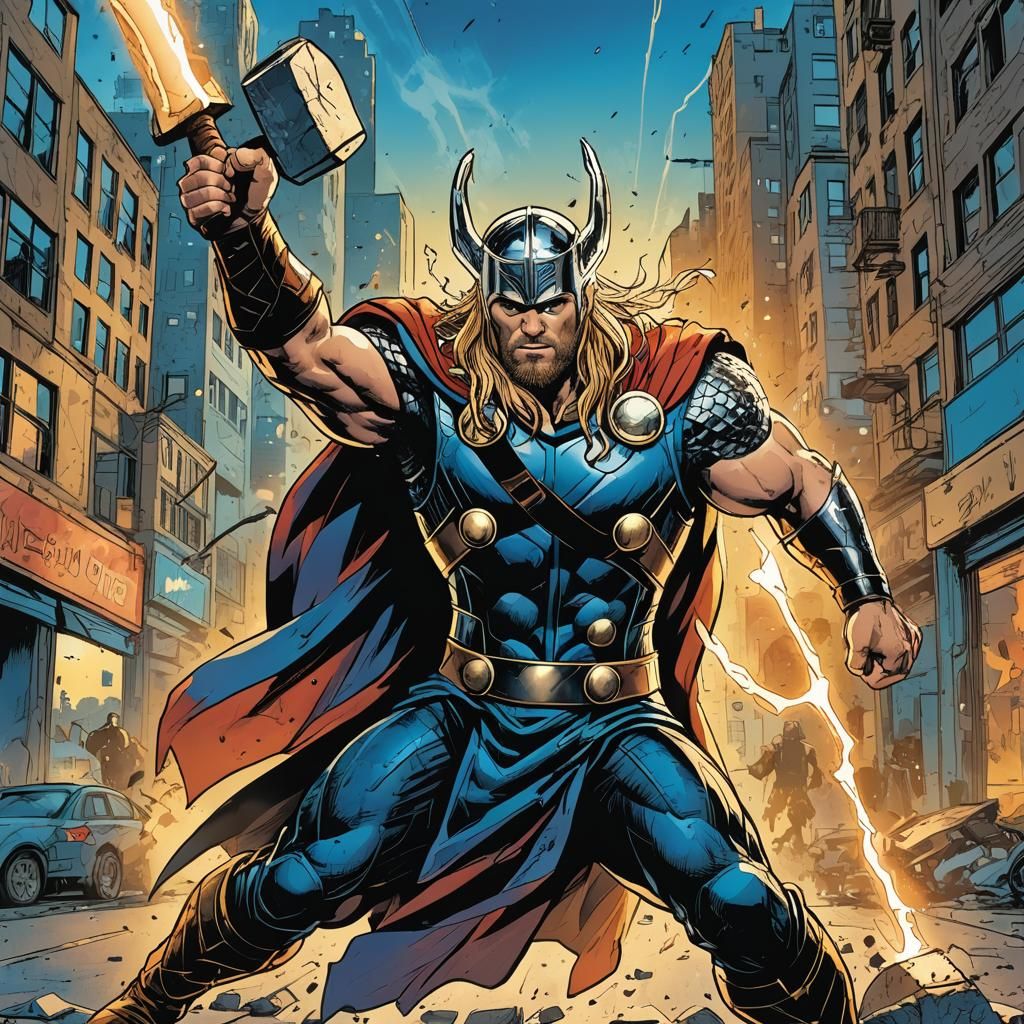 Thor in City Street: Explosive Comic Book Art