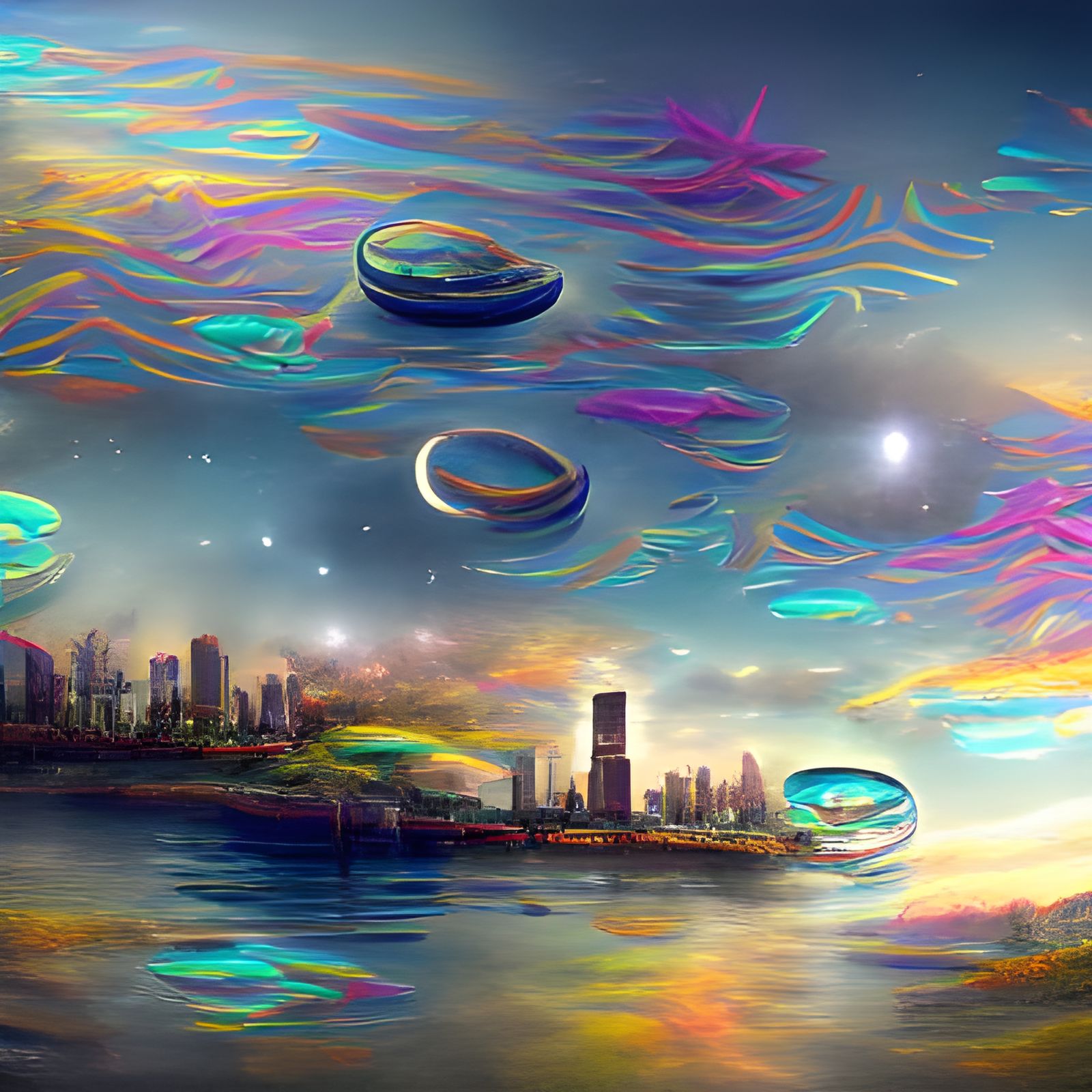 Alien Cityscape with Rings in Cosmic Illustration