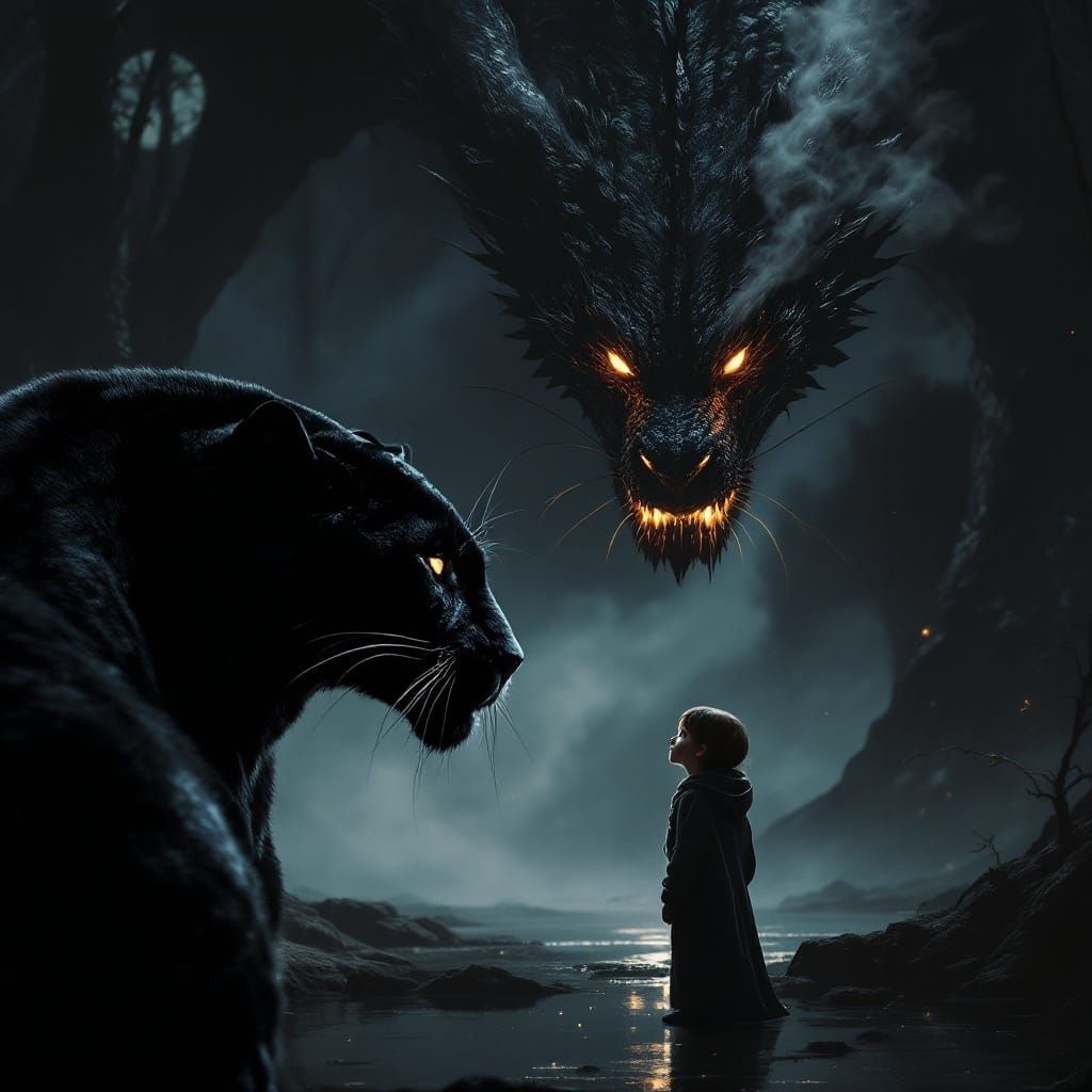 Black Panther and Child Confront Dragon in Magical Forest