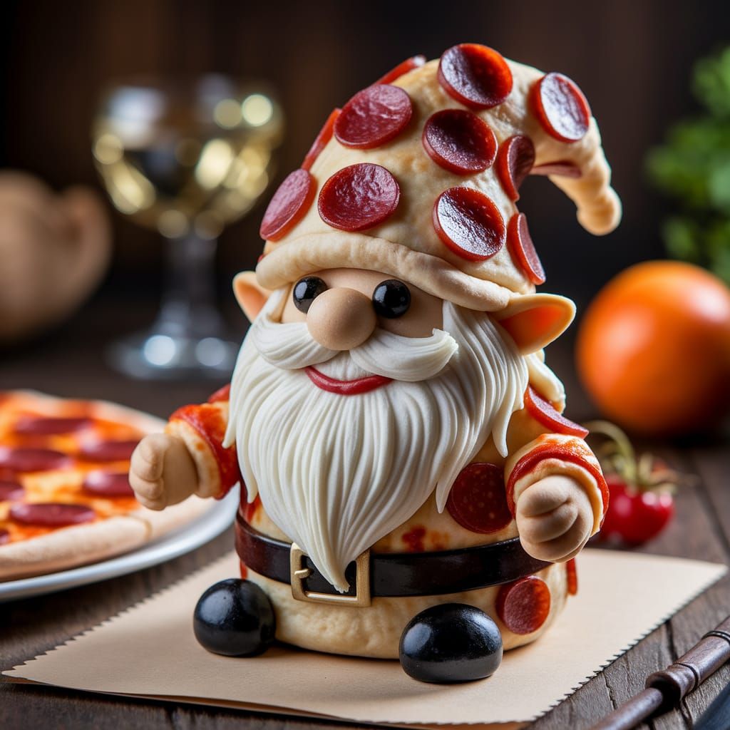 Whimsical Pizza Gnome or Bear Figure Illustration