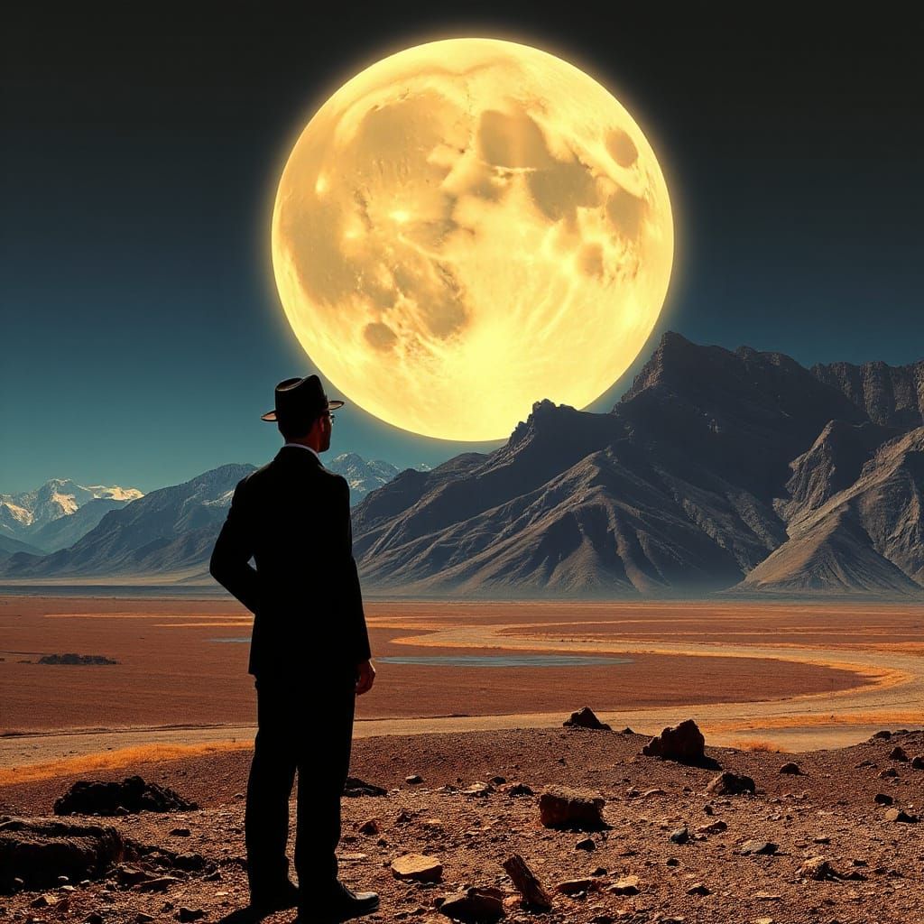 A Man Contemplates the Glowing Moon in a Surreal Landscape